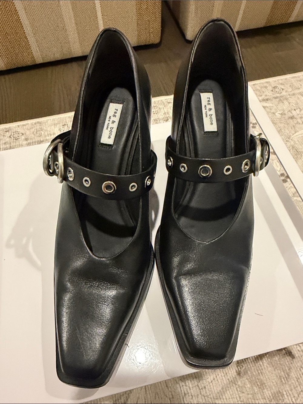 rag & bone Black Leather Square-Toe Mary Jane Pumps with Eyelet Strap